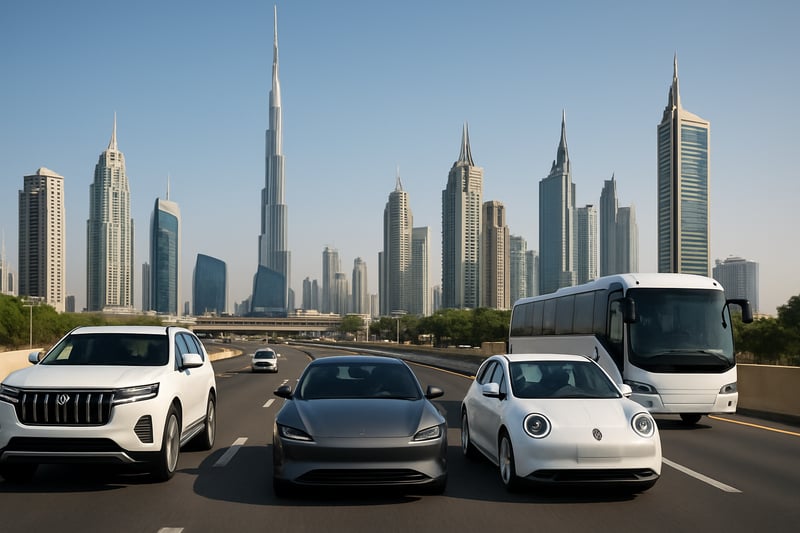 Modern road travel vehicles in Dubai cityscape